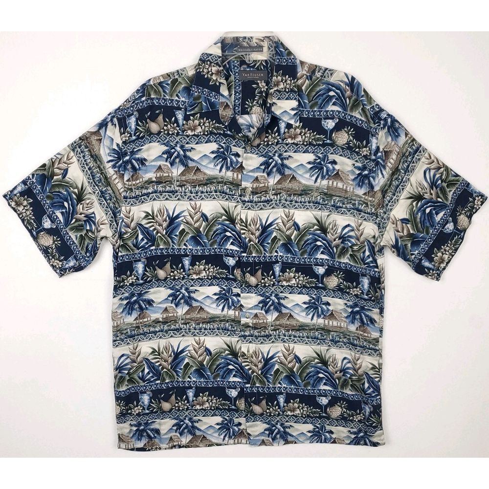 Van Heusen Men's Hawaiian Shirt Size L Cream Blue Island Print Short Sleeve...